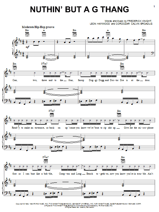 Dr. Dre & Snoop Doggy Dog Nuthin' But A G Thang sheet music notes and chords. Download Printable PDF.