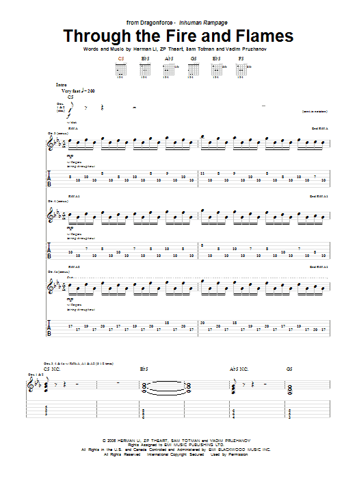 Learn to play DragonForce Through The Fire And Flames sheet music for Guitar Tab in minutes. Price: 7.8900$ DragonForce Through The Fire And Flames sheet music notes and chords arranged for Guitar Tab