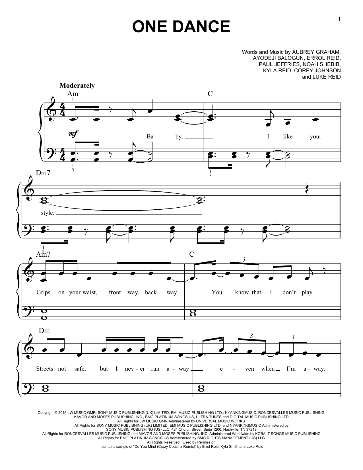 Drake One Dance (feat. Wizkid and Kyla) sheet music notes and chords. Download Printable PDF.