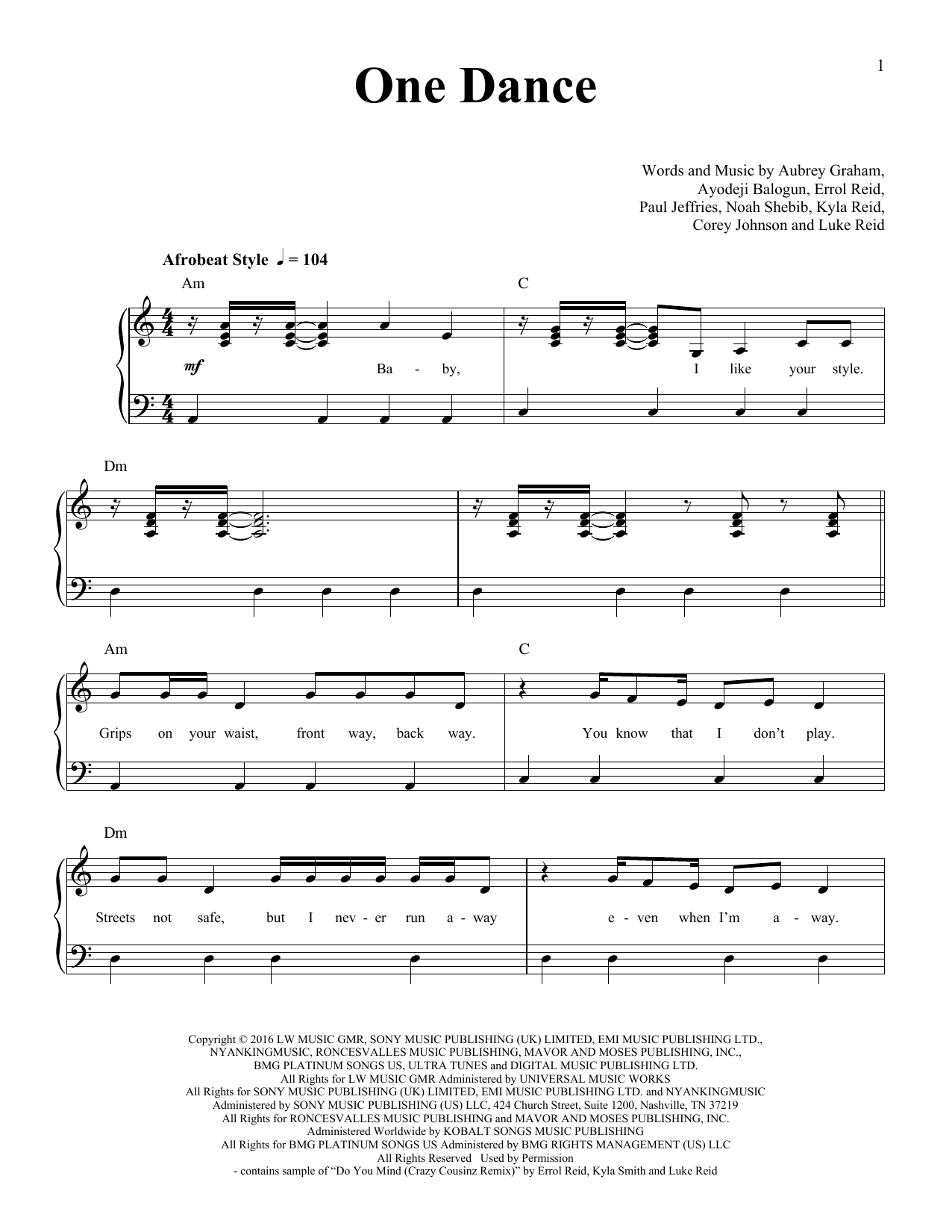 Drake One Dance (feat. Wizkid & Kyla) sheet music notes and chords arranged for Easy Piano