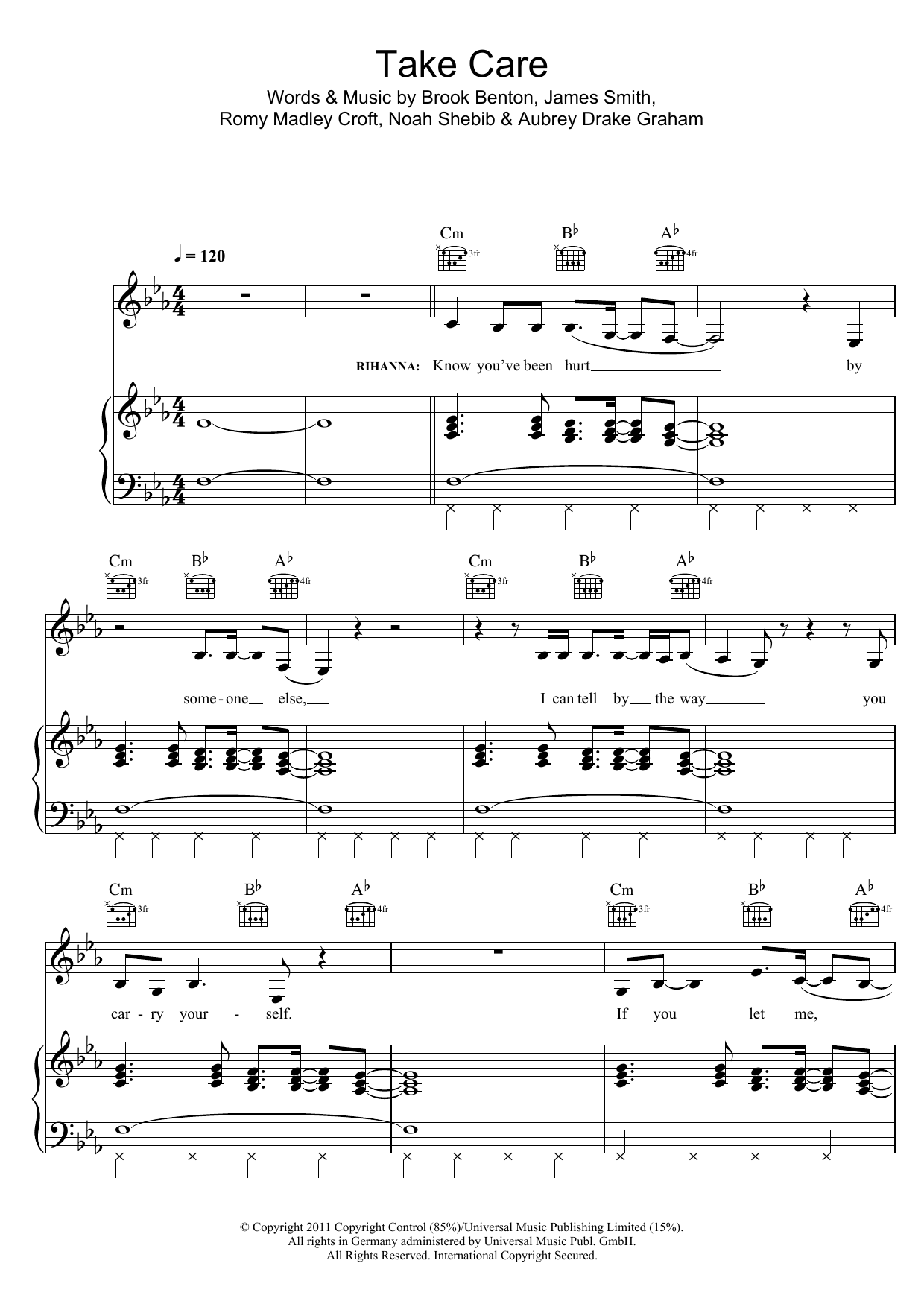 Drake Take Care (feat. Rihanna) sheet music notes and chords arranged for Piano, Vocal & Guitar Chords