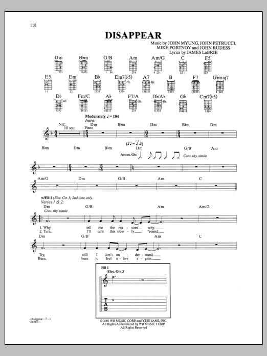 Learn to play Dream Theater Disappear sheet music for Guitar Tab in minutes. Price: 7.8900$ Dream Theater Disappear sheet music notes and chords arranged for Guitar Tab