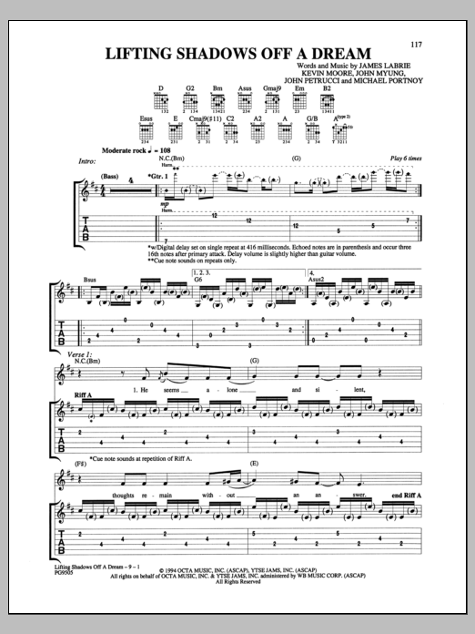 Learn to play Dream Theater Lifting Shadows Off A Dream sheet music for Guitar Tab in minutes. Price: 7.8900$ Dream Theater Lifting Shadows Off A Dream sheet music notes and chords arranged for Guitar Tab