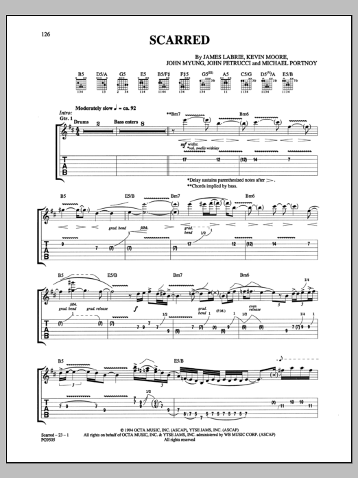 Learn to play Dream Theater Scarred sheet music for Guitar Tab in minutes. Price: 7.8900$ Dream Theater Scarred sheet music notes and chords arranged for Guitar Tab