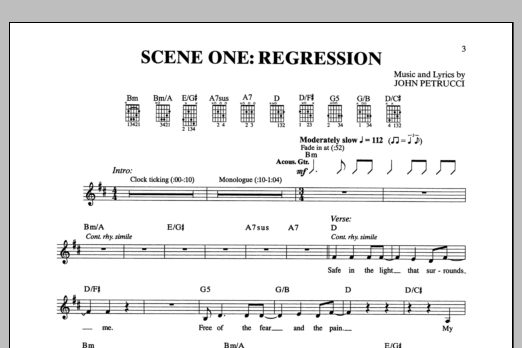 Learn to play Dream Theater Scene One: Regression sheet music for Guitar Tab in minutes. Price: 7.8900$ Dream Theater Scene One: Regression sheet music notes and chords arranged for Guitar Tab