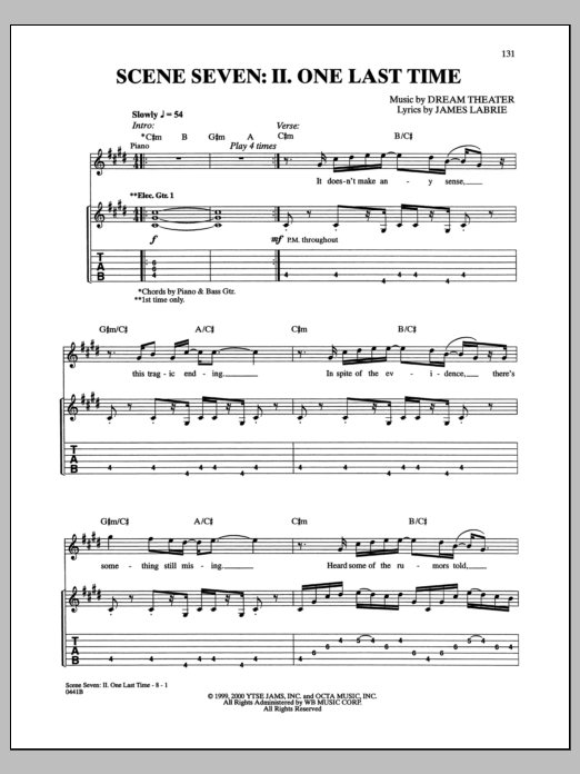 Learn to play Dream Theater Scene Seven: II. One Last Time sheet music for Guitar Tab in minutes. Price: 7.8900$ Dream Theater Scene Seven: II. One Last Time sheet music notes and chords arranged for Guitar Tab