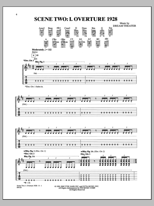 Learn to play Dream Theater Scene Two: I. Overture 1928 sheet music for Guitar Tab in minutes. Price: 7.8900$ Dream Theater Scene Two: I. Overture 1928 sheet music notes and chords arranged for Guitar Tab