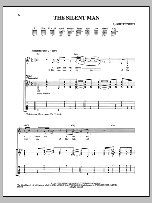 Learn to play Dream Theater The Silent Man sheet music for Guitar Tab in minutes. Price: 7.8900$ Dream Theater The Silent Man sheet music notes and chords arranged for Guitar Tab