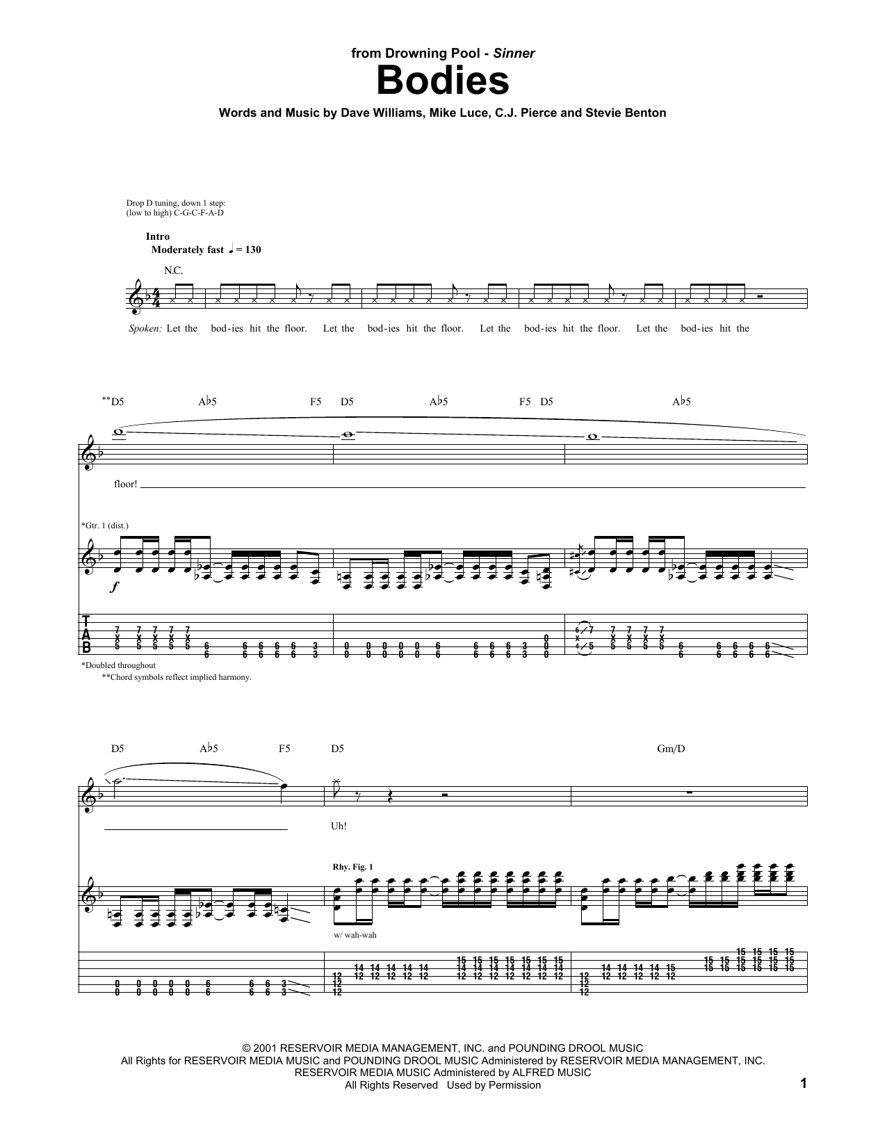 Drowning Pool Bodies sheet music notes and chords. Download Printable PDF.