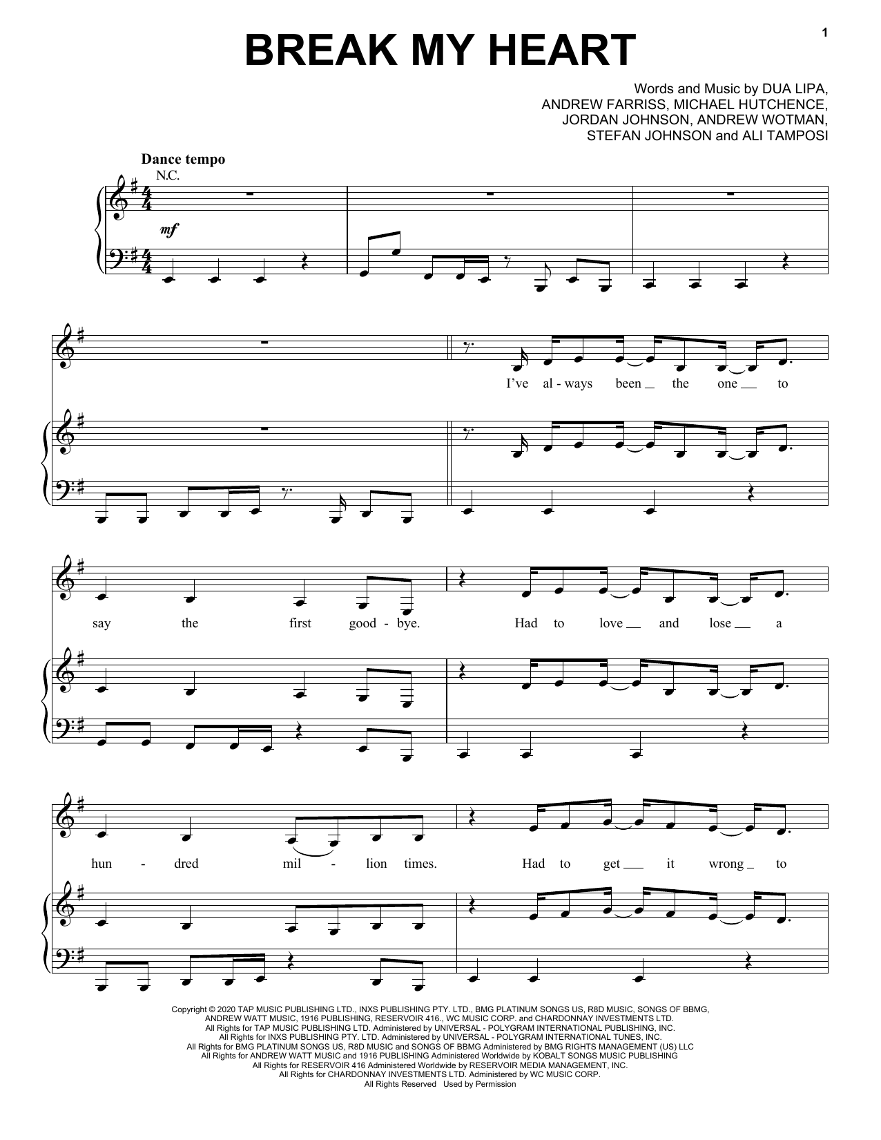 Dua Lipa Break My Heart sheet music notes and chords. Download Printable PDF.