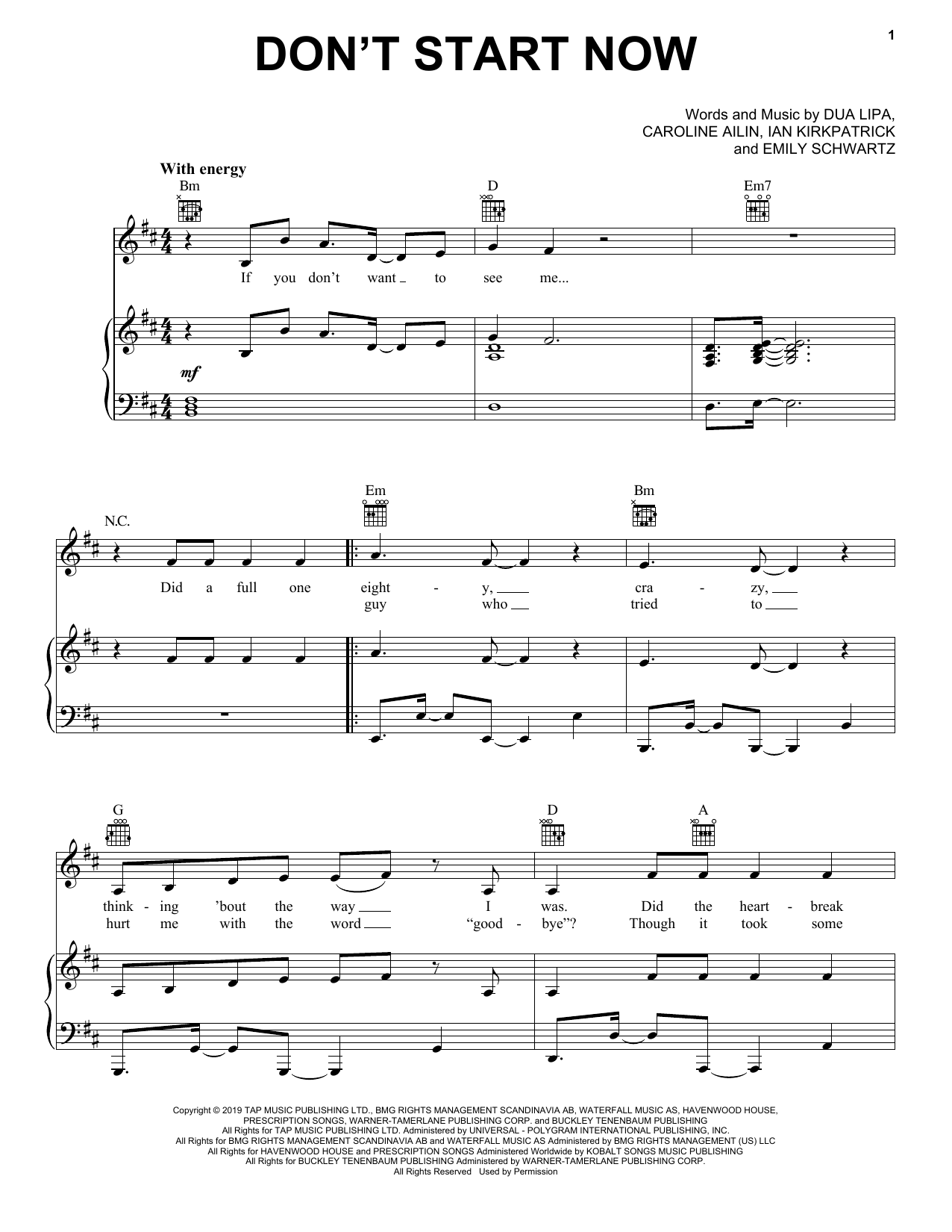 Dua Lipa Don't Start Now sheet music notes and chords. Download Printable PDF.