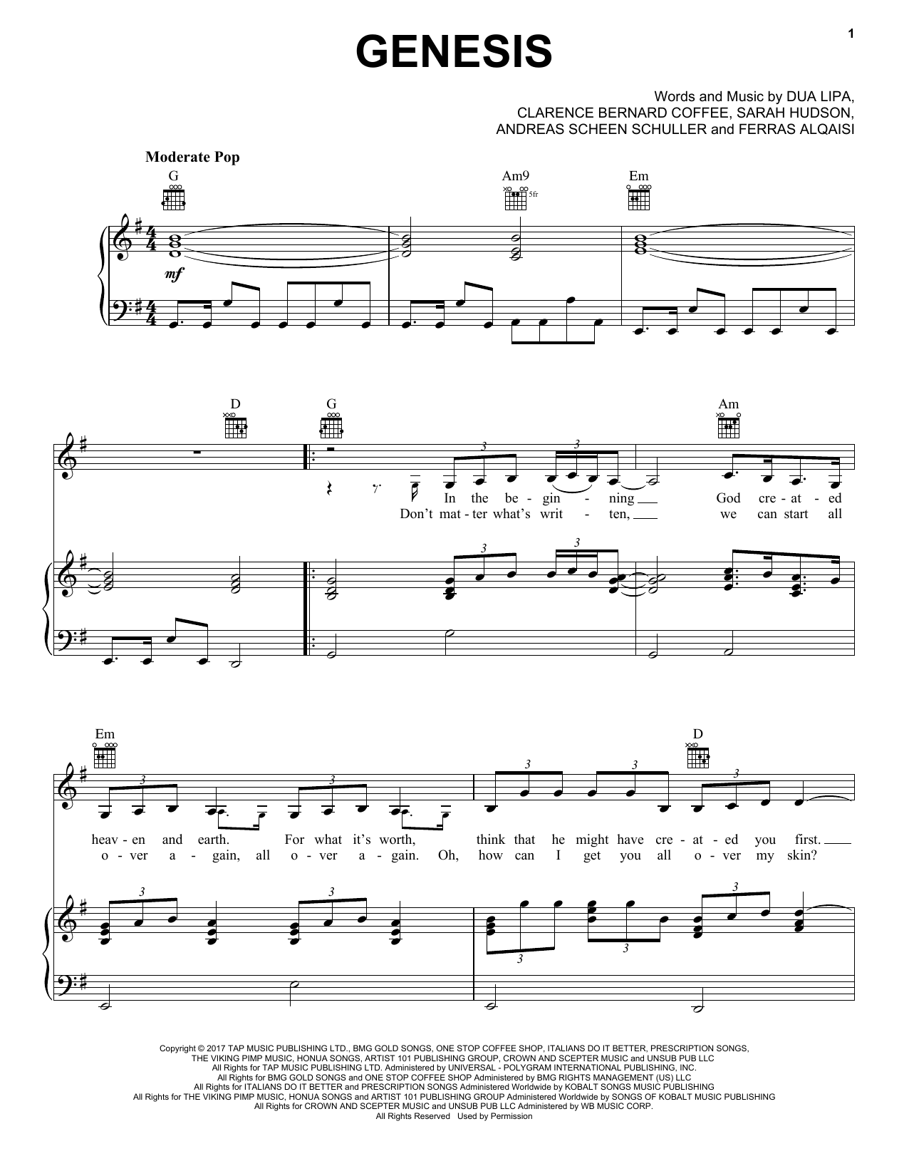 Learn to play Dua Lipa Genesis sheet music for Piano, Vocal & Guitar Chords (Right-Hand Melody) in minutes. Price: 7.8900$ Dua Lipa Genesis sheet music notes and chords arranged for Piano, Vocal & Guitar Chords (Right-Hand Melody)