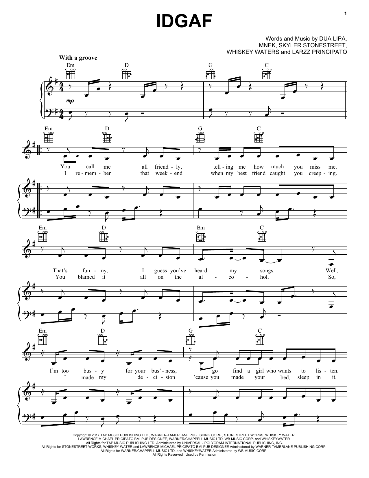 Dua Lipa IDGAF sheet music notes and chords. Download Printable PDF.