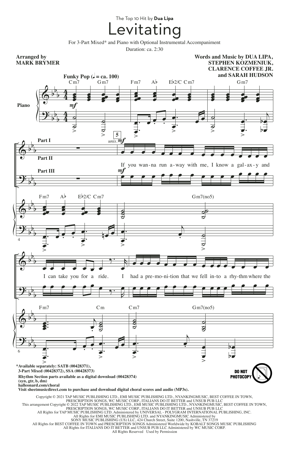 Dua Lipa Levitating (arr. Mark Brymer) sheet music notes and chords. Download Printable PDF.