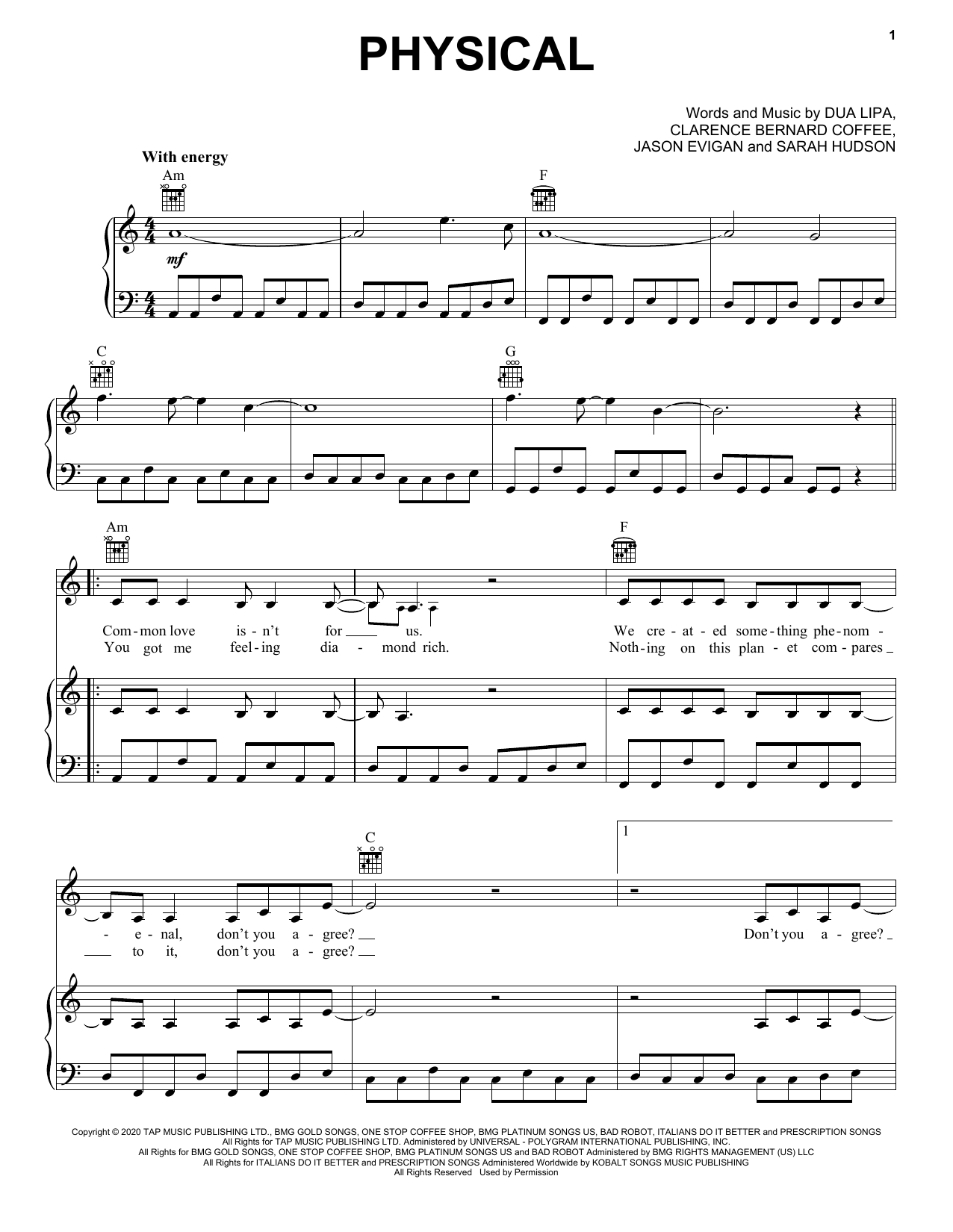 Dua Lipa Physical sheet music notes and chords. Download Printable PDF.