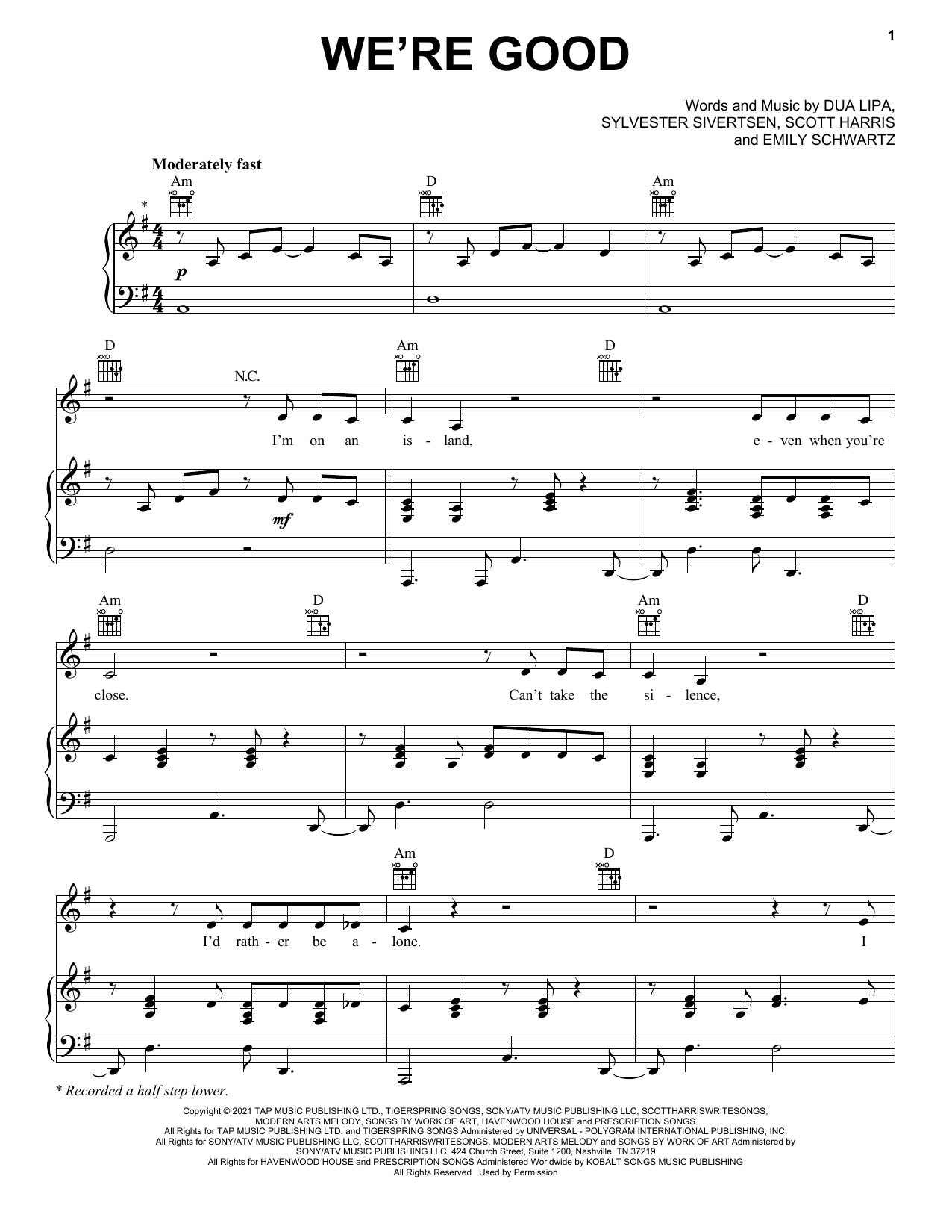 Dua Lipa We're Good sheet music notes and chords. Download Printable PDF.