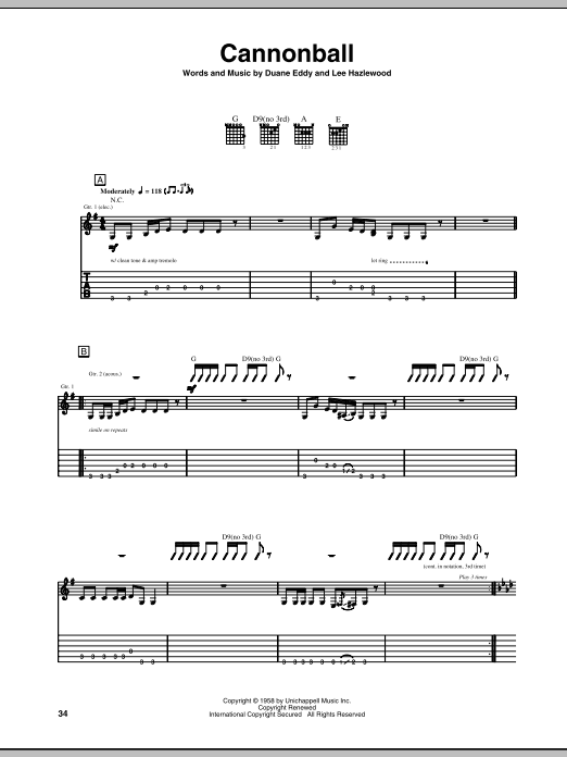 Duane Eddy Cannonball sheet music notes and chords. Download Printable PDF.