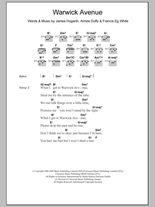 Duffy Warwick Avenue sheet music notes and chords. Download Printable PDF.