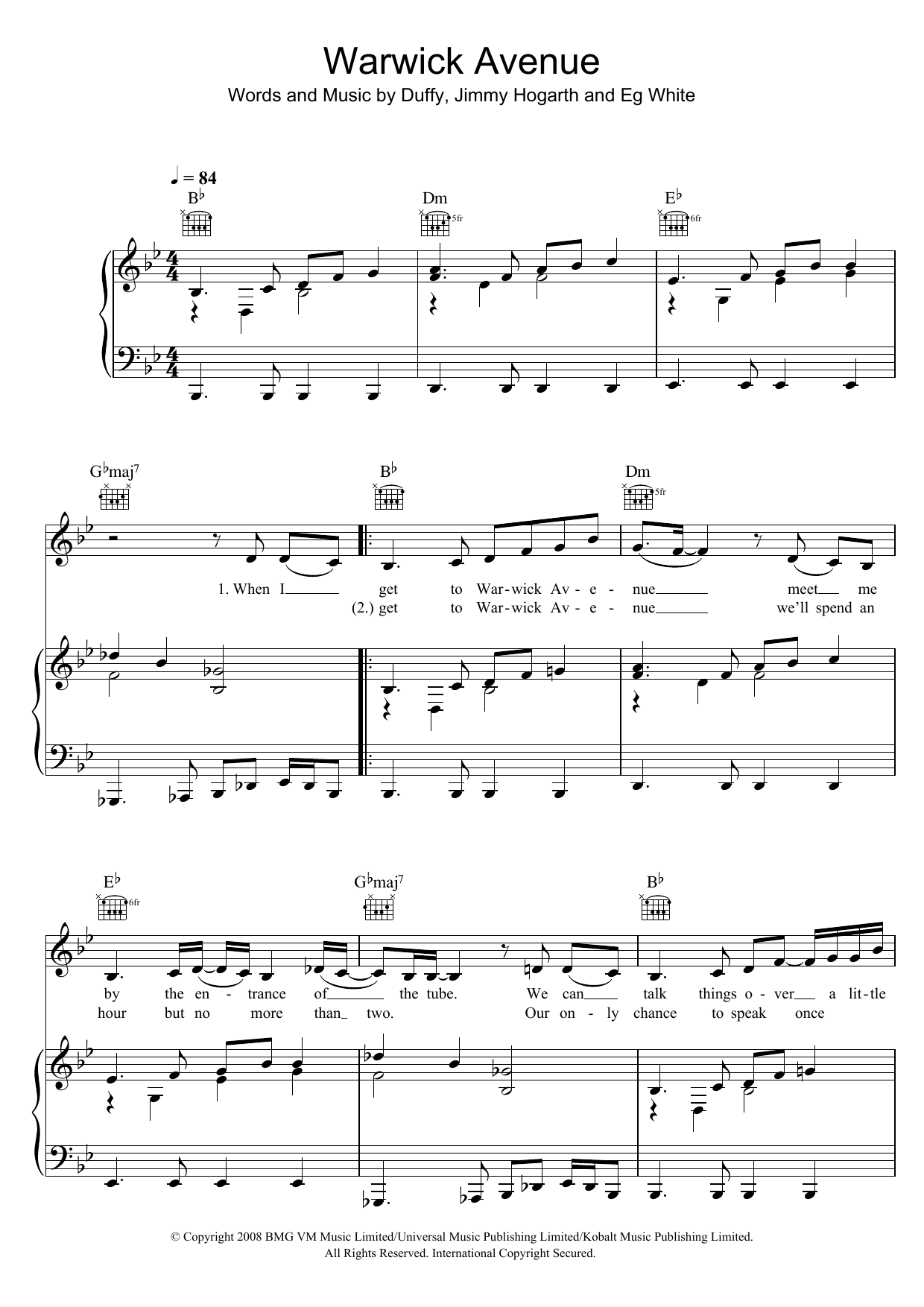 Duffy Warwick Avenue sheet music notes and chords. Download Printable PDF.