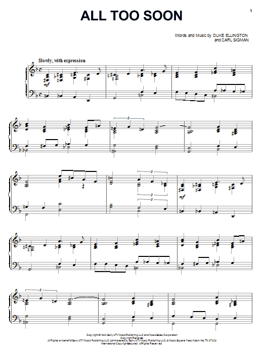 Learn to play Duke Ellington All Too Soon sheet music for Piano Solo in minutes. Price: 7.8900$ Duke Ellington All Too Soon sheet music notes and chords arranged for Piano Solo