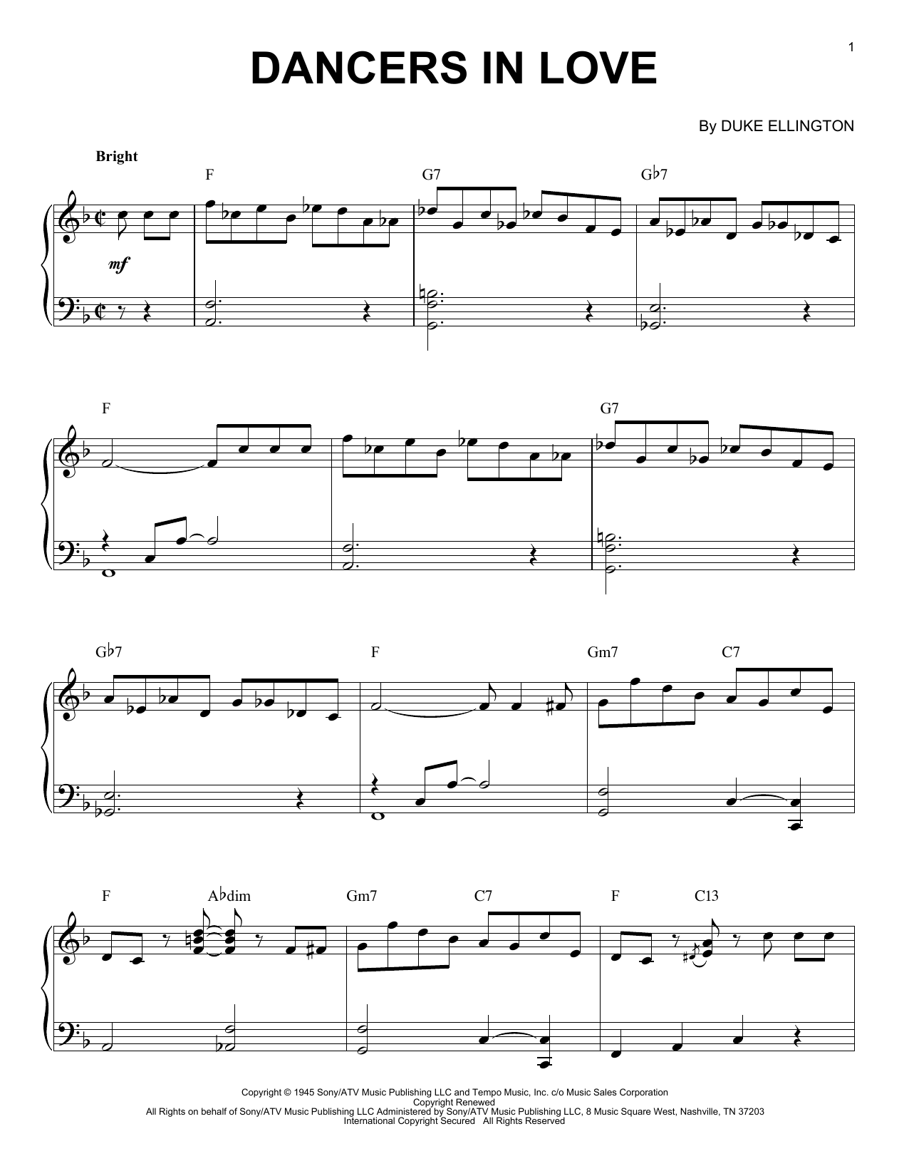 Learn to play Duke Ellington Dancers In Love (arr. Brent Edstrom) sheet music for Piano Solo in minutes. Price: 7.8900$ Duke Ellington Dancers In Love (arr. Brent Edstrom) sheet music notes and chords arranged for Piano Solo
