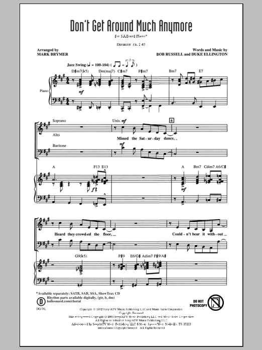 Learn to play Mark Brymer Don't Get Around Much Anymore sheet music for SAB Choir in minutes. Price: 3.9900$ Mark Brymer Don't Get Around Much Anymore sheet music notes and chords arranged for SAB Choir