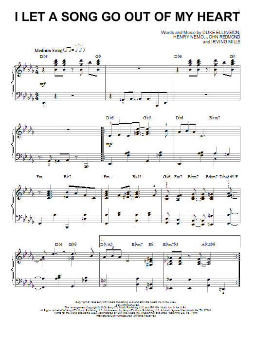 Learn to play Duke Ellington I Let A Song Go Out Of My Heart (arr. Brent Edstrom) sheet music for Piano Solo in minutes. Price: 7.8900$ Duke Ellington I Let A Song Go Out Of My Heart (arr. Brent Edstrom) sheet music notes and chords arranged for Piano Solo