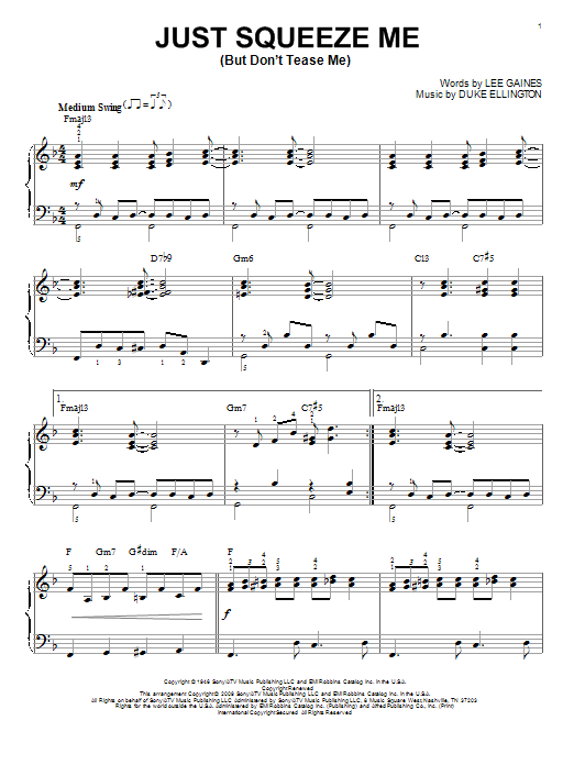 Learn to play Duke Ellington Just Squeeze Me (But Don't Tease Me) (arr. Brent Edstrom) sheet music for Piano Solo in minutes. Price: 7.8900$ Duke Ellington Just Squeeze Me (But Don't Tease Me) (arr. Brent Edstrom) sheet music notes and chords arranged for Piano Solo