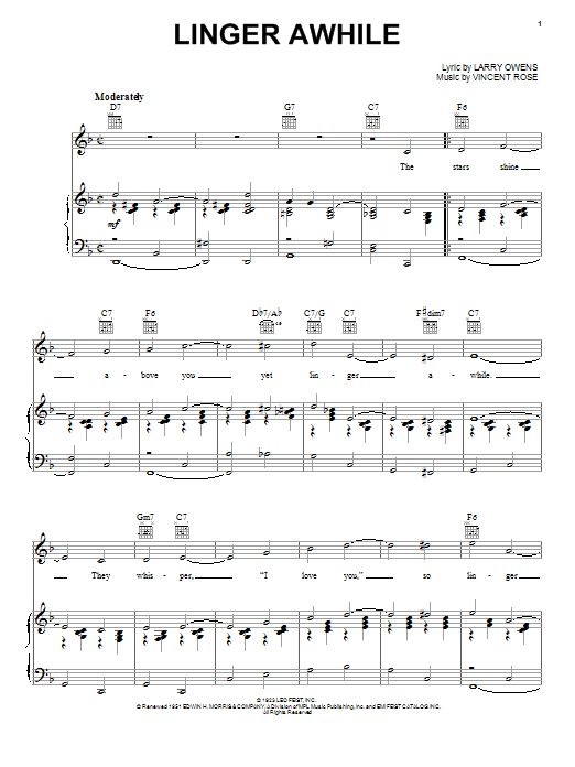 Learn to play Duke Ellington Linger Awhile sheet music for Piano, Vocal & Guitar Chords (Right-Hand Melody) in minutes. Price: 7.8900$ Duke Ellington Linger Awhile sheet music notes and chords arranged for Piano, Vocal & Guitar Chords (Right-Hand Melody)