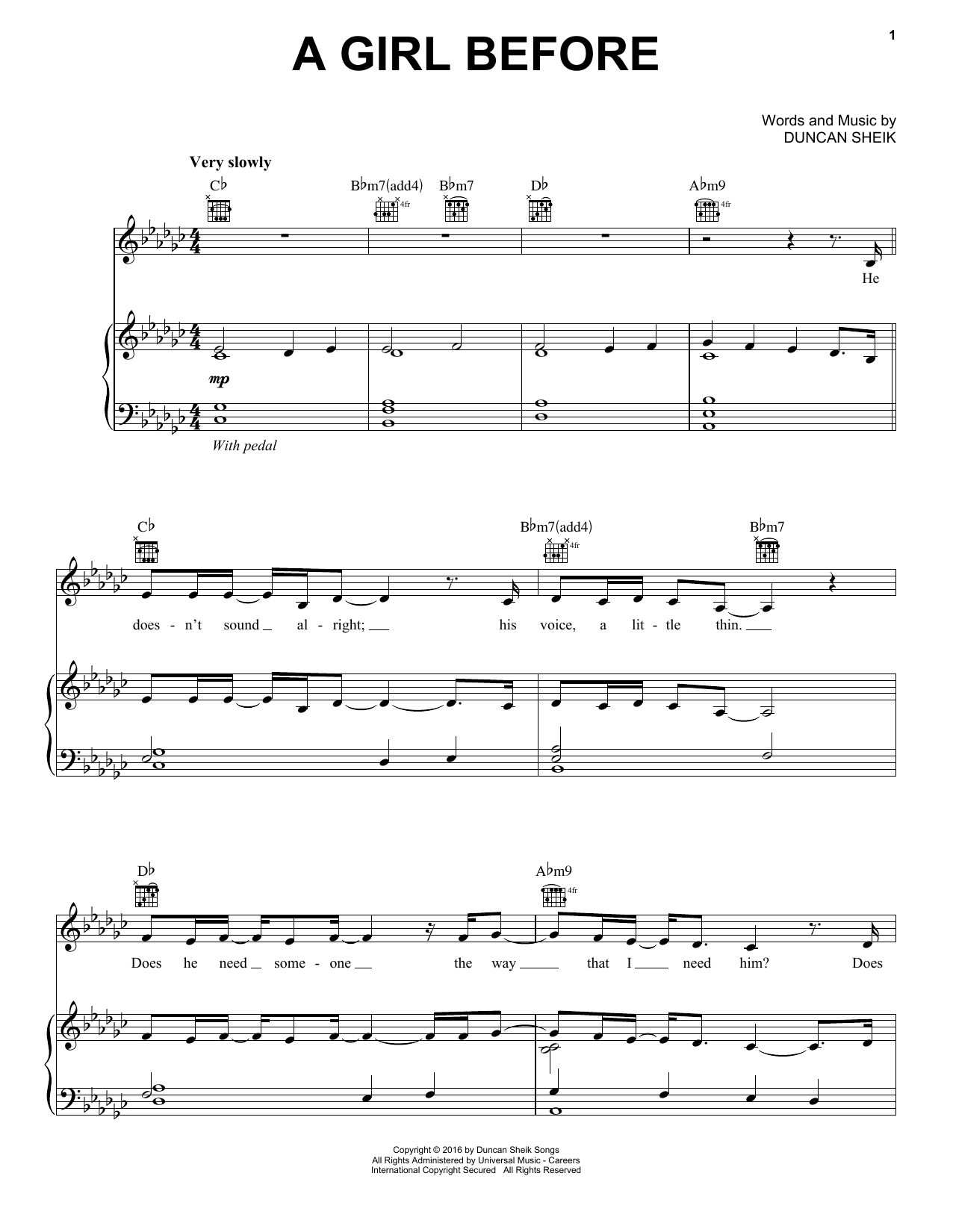 Learn to play Duncan Sheik A Girl Before sheet music for Piano, Vocal & Guitar Chords (Right-Hand Melody) in minutes. Price: 7.8900$ Duncan Sheik A Girl Before sheet music notes and chords arranged for Piano, Vocal & Guitar Chords (Right-Hand Melody)