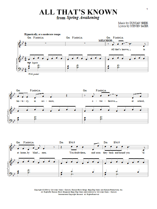 Duncan Sheik All That's Known sheet music notes and chords. Download Printable PDF.