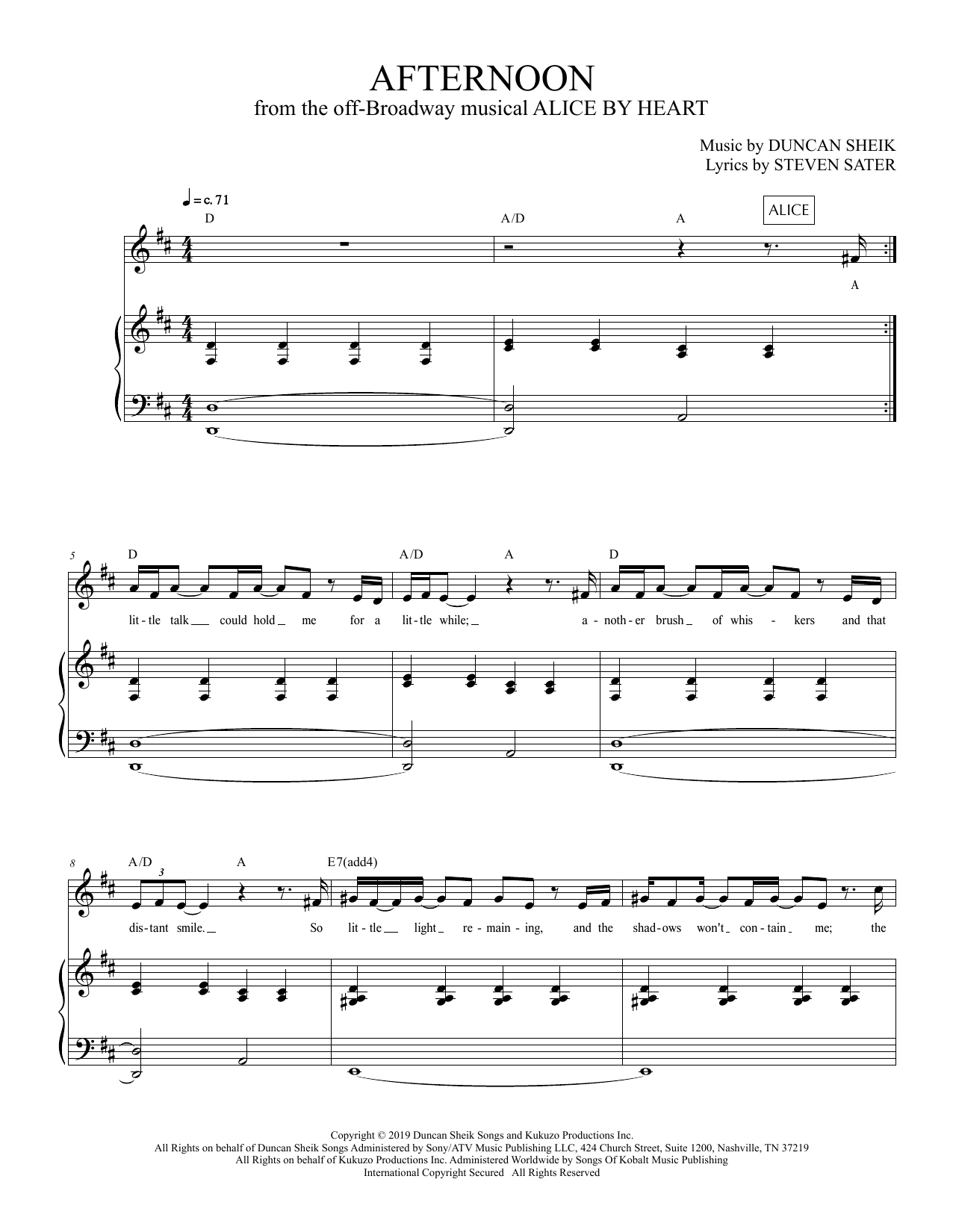 Duncan Sheik and Steven Sater Afternoon (from Alice By Heart) sheet music notes and chords. Download Printable PDF.