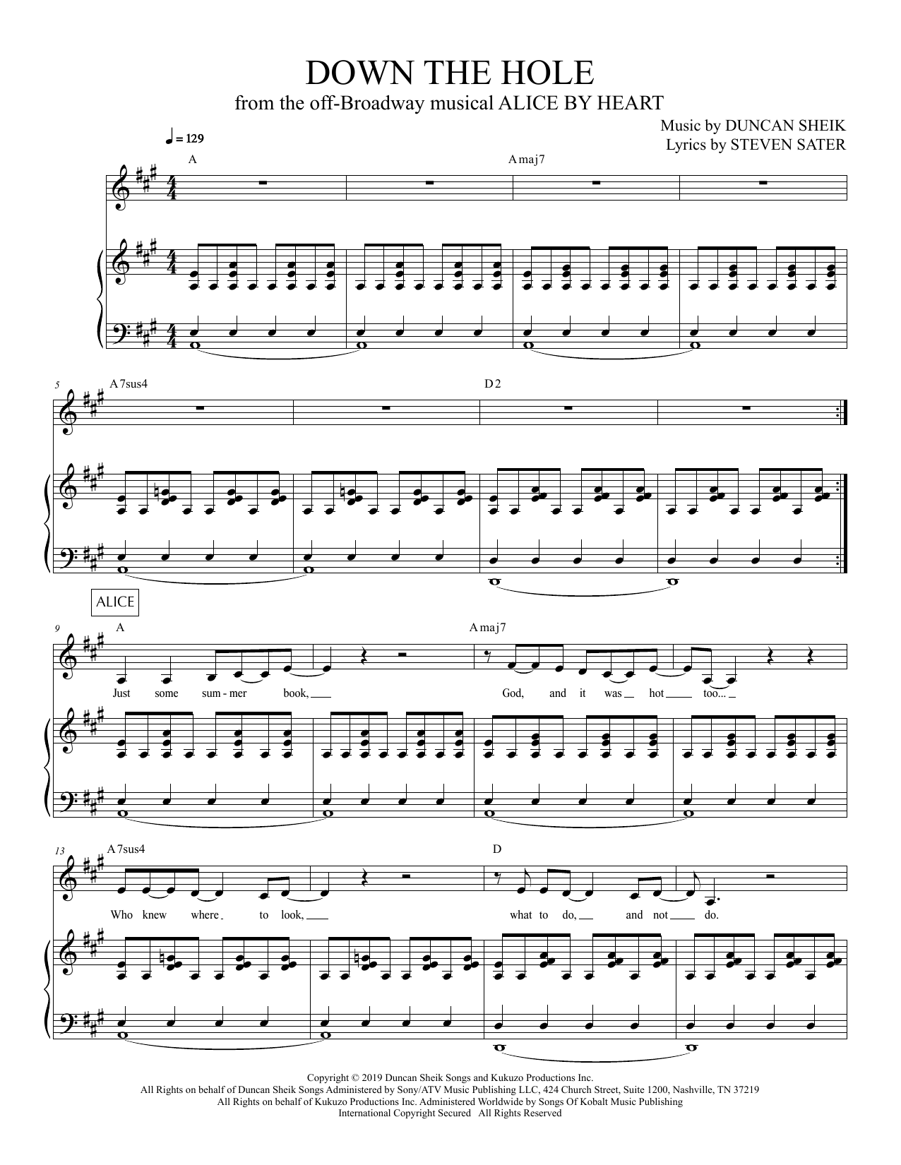 Duncan Sheik and Steven Sater Down The Hole (from Alice By Heart) sheet music notes and chords. Download Printable PDF.