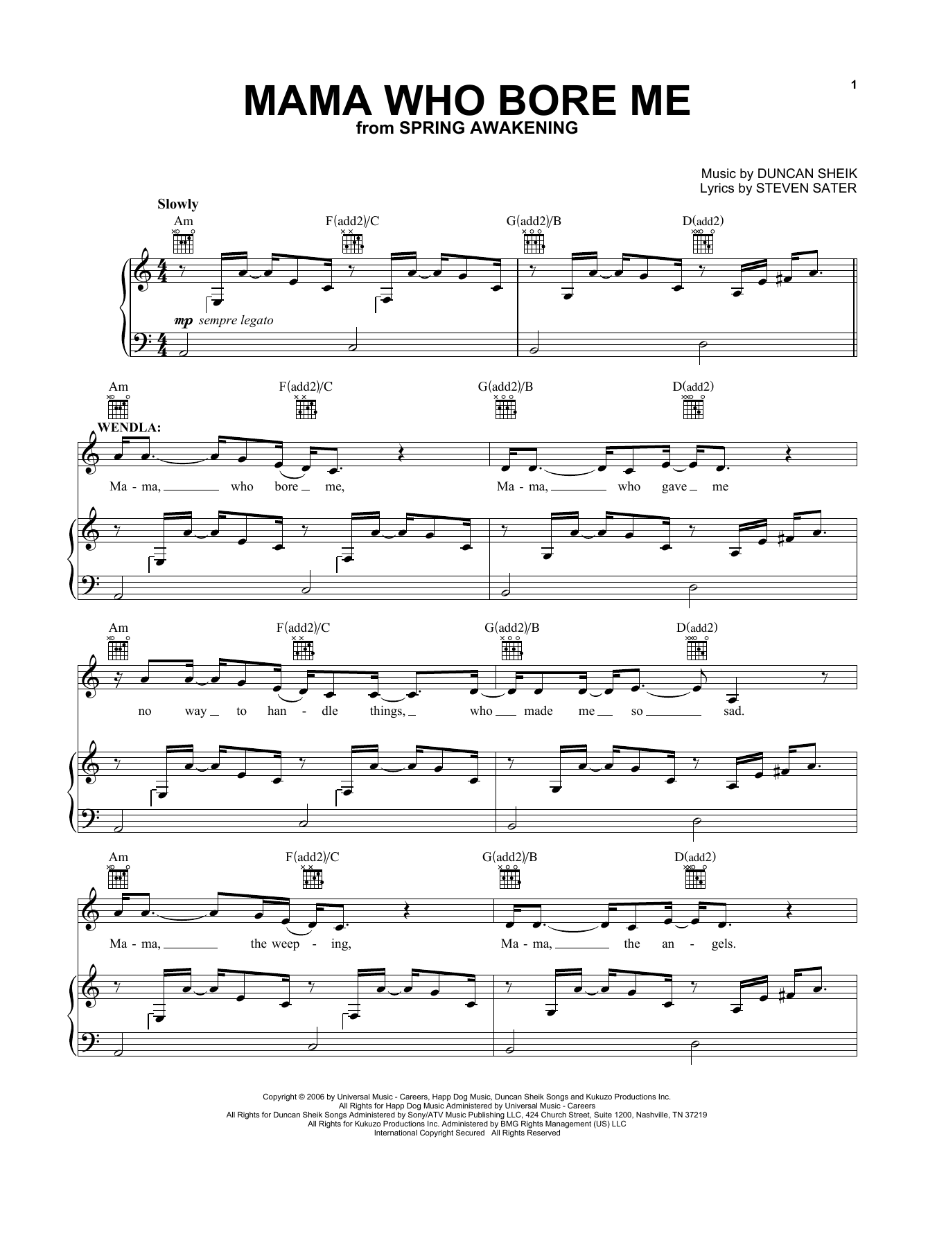 Duncan Sheik and Steven Sater Mama Who Bore Me (from Spring Awakening) sheet music notes and chords. Download Printable PDF.