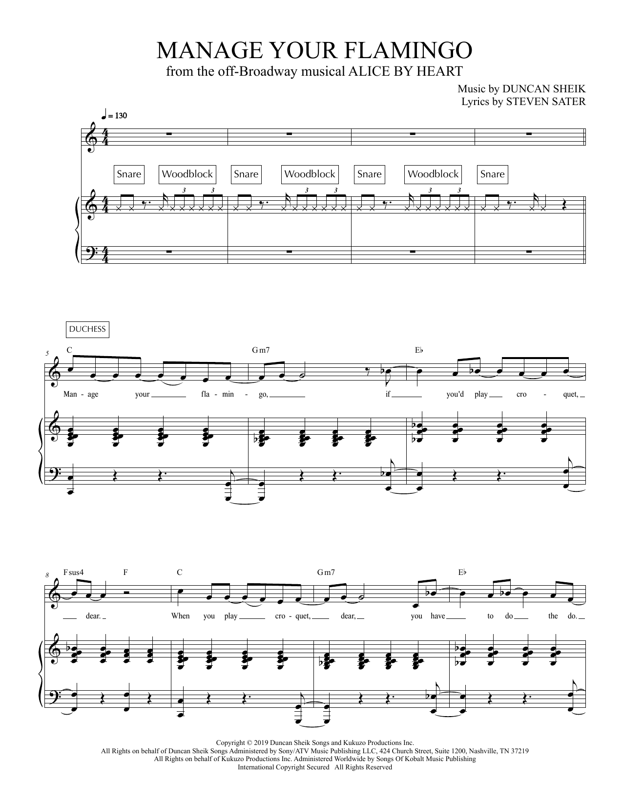 Duncan Sheik and Steven Sater Manage Your Flamingo (from Alice By Heart) sheet music notes and chords. Download Printable PDF.