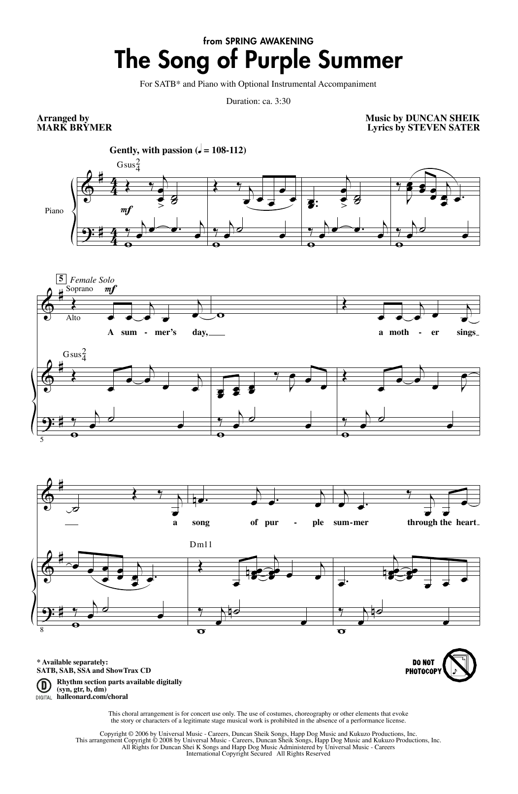 Duncan Sheik and Steven Sater The Song Of Purple Summer (from Spring Awakening) (arr. Mark Brymer) sheet music notes and chords. Download Printable PDF.