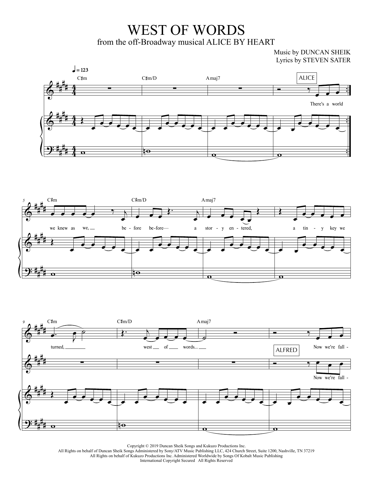 Duncan Sheik and Steven Sater West Of Words (from Alice By Heart) sheet music notes and chords. Download Printable PDF.