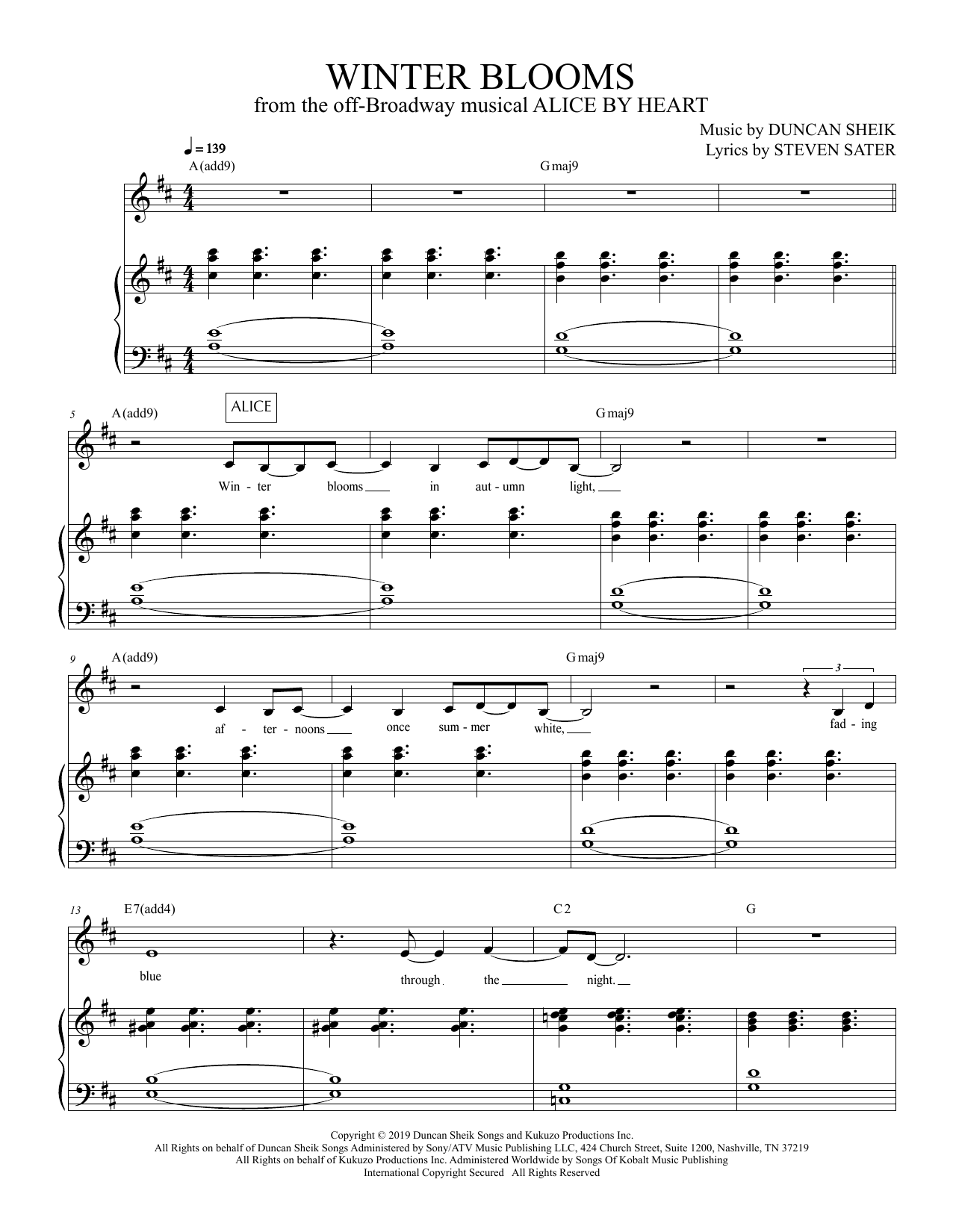 Duncan Sheik and Steven Sater Winter Blooms (from Alice By Heart) sheet music notes and chords. Download Printable PDF.