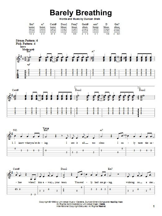 Duncan Sheik Barely Breathing sheet music notes and chords. Download Printable PDF.