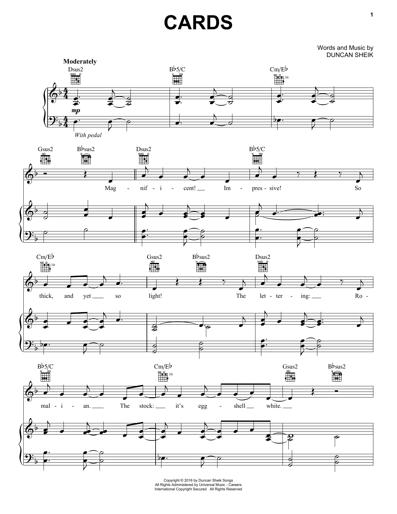 Learn to play Duncan Sheik Cards sheet music for Piano, Vocal & Guitar Chords (Right-Hand Melody) in minutes. Price: 7.8900$ Duncan Sheik Cards sheet music notes and chords arranged for Piano, Vocal & Guitar Chords (Right-Hand Melody)