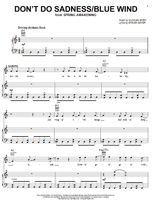 Learn to play Duncan Sheik Don't Do Sadness/Blue Wind sheet music for Piano, Vocal & Guitar Chords (Right-Hand Melody) in minutes. Price: 7.8900$ Duncan Sheik Don't Do Sadness/Blue Wind sheet music notes and chords arranged for Piano, Vocal & Guitar Chords (Right-Hand Melody)