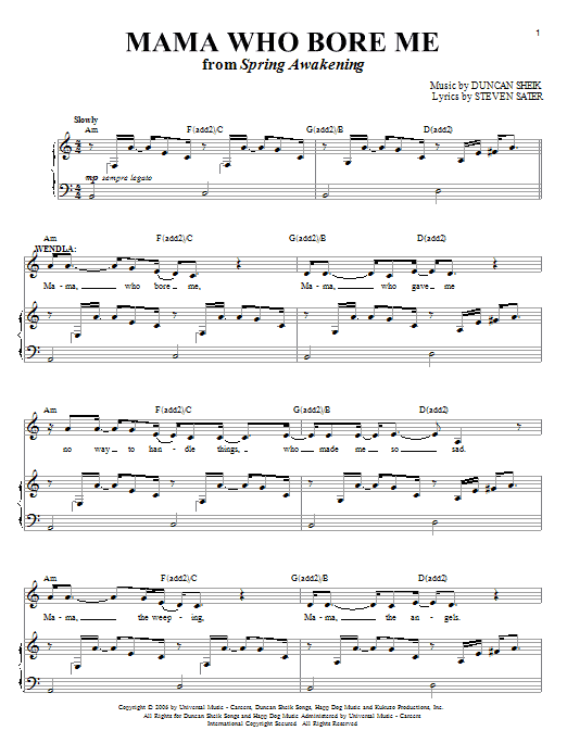 Learn to play Duncan Sheik Mama Who Bore Me sheet music for Piano, Vocal & Guitar Chords in minutes. Price: 7.8900$ Duncan Sheik Mama Who Bore Me sheet music notes and chords arranged for Piano, Vocal & Guitar Chords