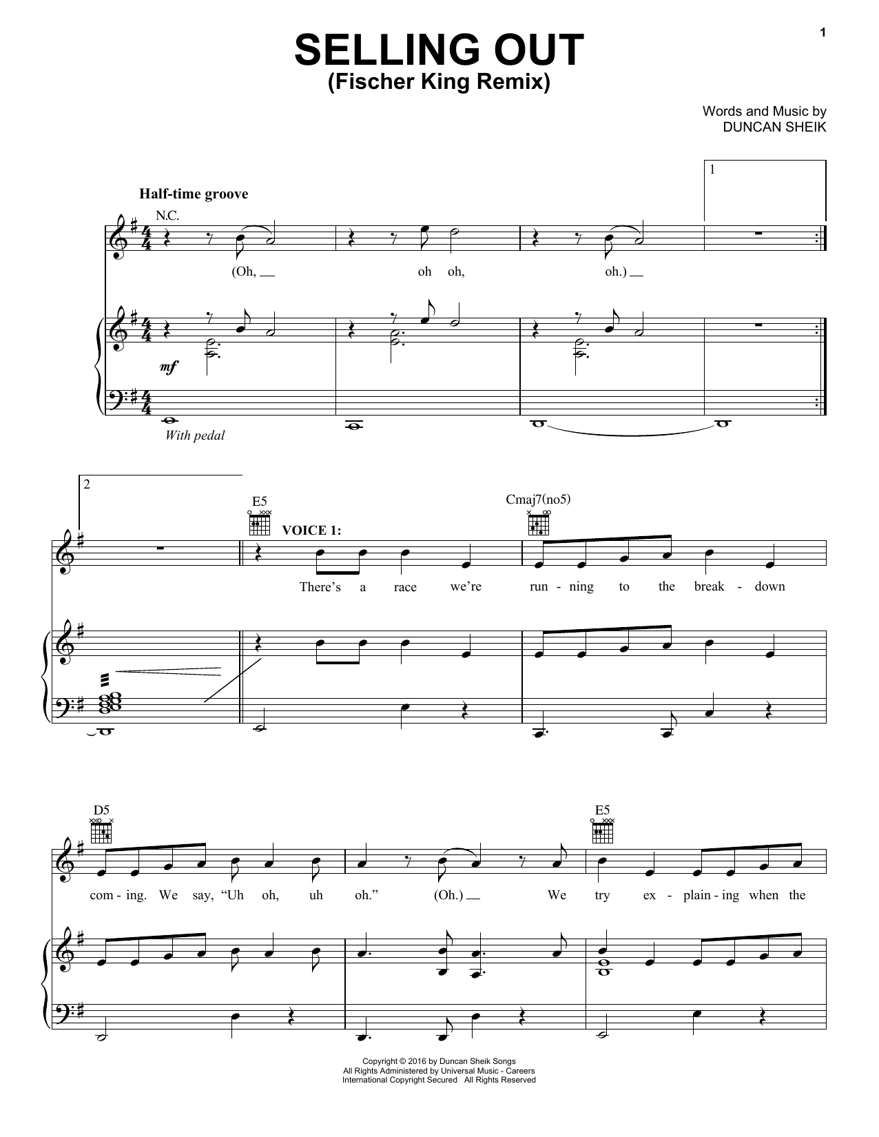 Learn to play Duncan Sheik Selling Out (Fischer King Remix) sheet music for Piano, Vocal & Guitar Chords (Right-Hand Melody) in minutes. Price: 7.8900$ Duncan Sheik Selling Out (Fischer King Remix) sheet music notes and chords arranged for Piano, Vocal & Guitar Chords (Right-Hand Melody)