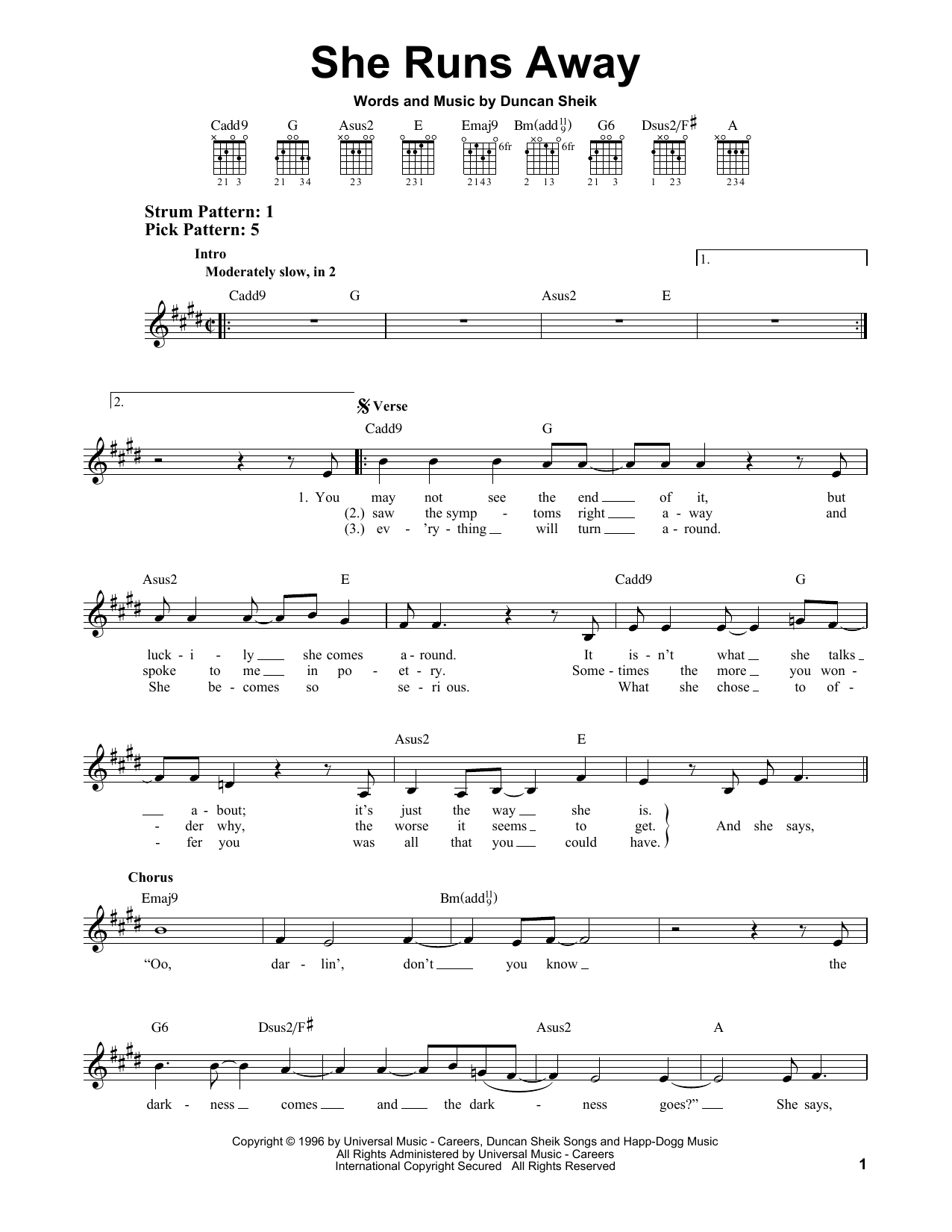 Duncan Sheik She Runs Away sheet music notes and chords. Download Printable PDF.