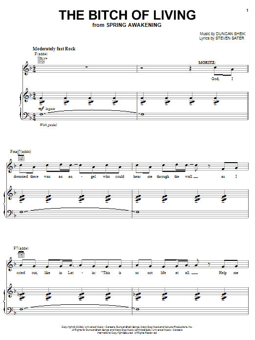 Learn to play Duncan Sheik The Bitch Of Living sheet music for Piano, Vocal & Guitar Chords (Right-Hand Melody) in minutes. Price: 7.8900$ Duncan Sheik The Bitch Of Living sheet music notes and chords arranged for Piano, Vocal & Guitar Chords (Right-Hand Melody)