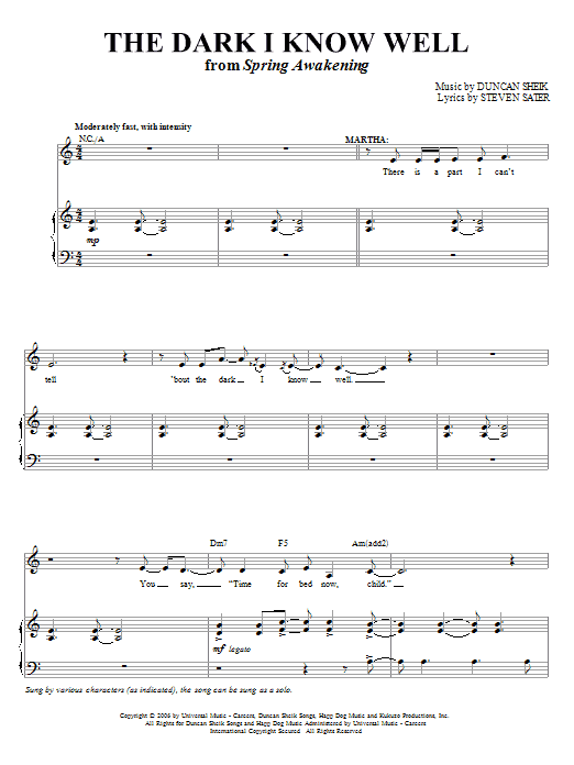 Duncan Sheik The Dark I Know Well sheet music notes and chords. Download Printable PDF.