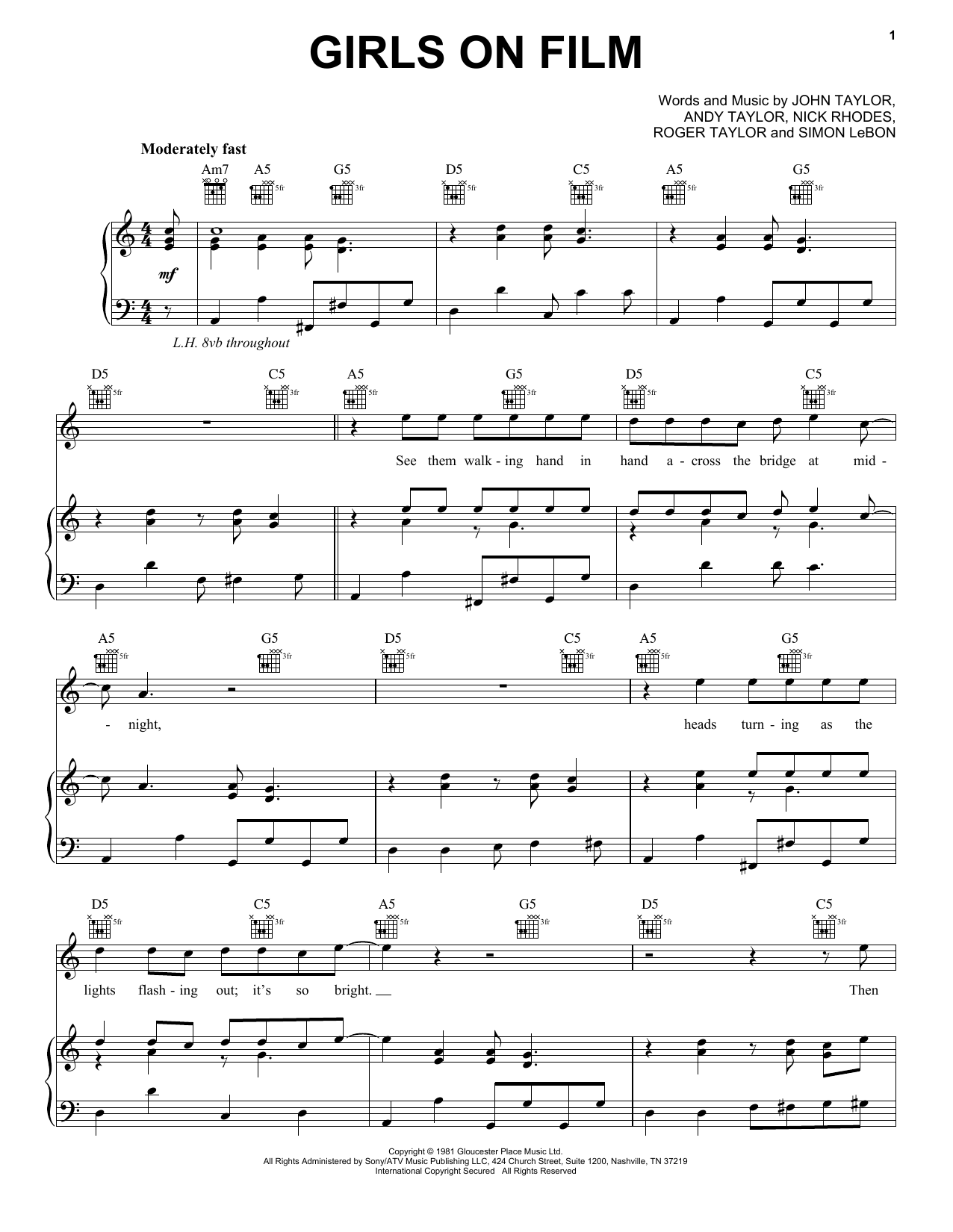 Learn to play Duran Duran Girls On Film sheet music for Piano, Vocal & Guitar Chords (Right-Hand Melody) in minutes. Price: 7.8900$ Duran Duran Girls On Film sheet music notes and chords arranged for Piano, Vocal & Guitar Chords (Right-Hand Melody)
