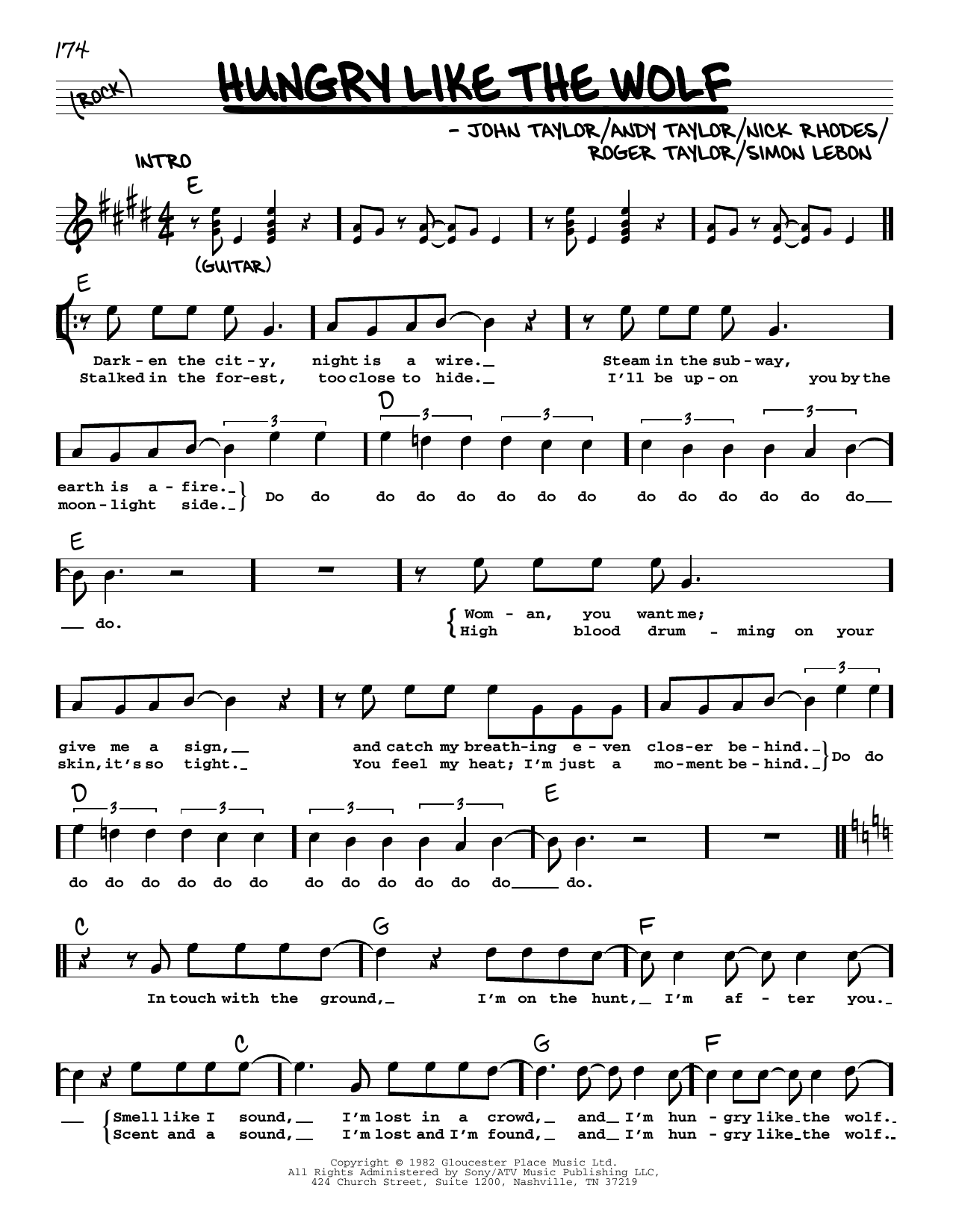Learn to play Duran Duran Hungry Like The Wolf sheet music for Real Book – Melody, Lyrics & Chords in minutes. Price: 5.9900$ Duran Duran Hungry Like The Wolf sheet music notes and chords arranged for Real Book – Melody, Lyrics & Chords