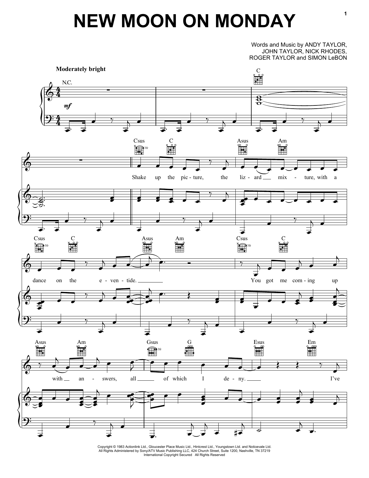 Learn to play Duran Duran New Moon On Monday sheet music for Piano, Vocal & Guitar Chords (Right-Hand Melody) in minutes. Price: 7.8900$ Duran Duran New Moon On Monday sheet music notes and chords arranged for Piano, Vocal & Guitar Chords (Right-Hand Melody)