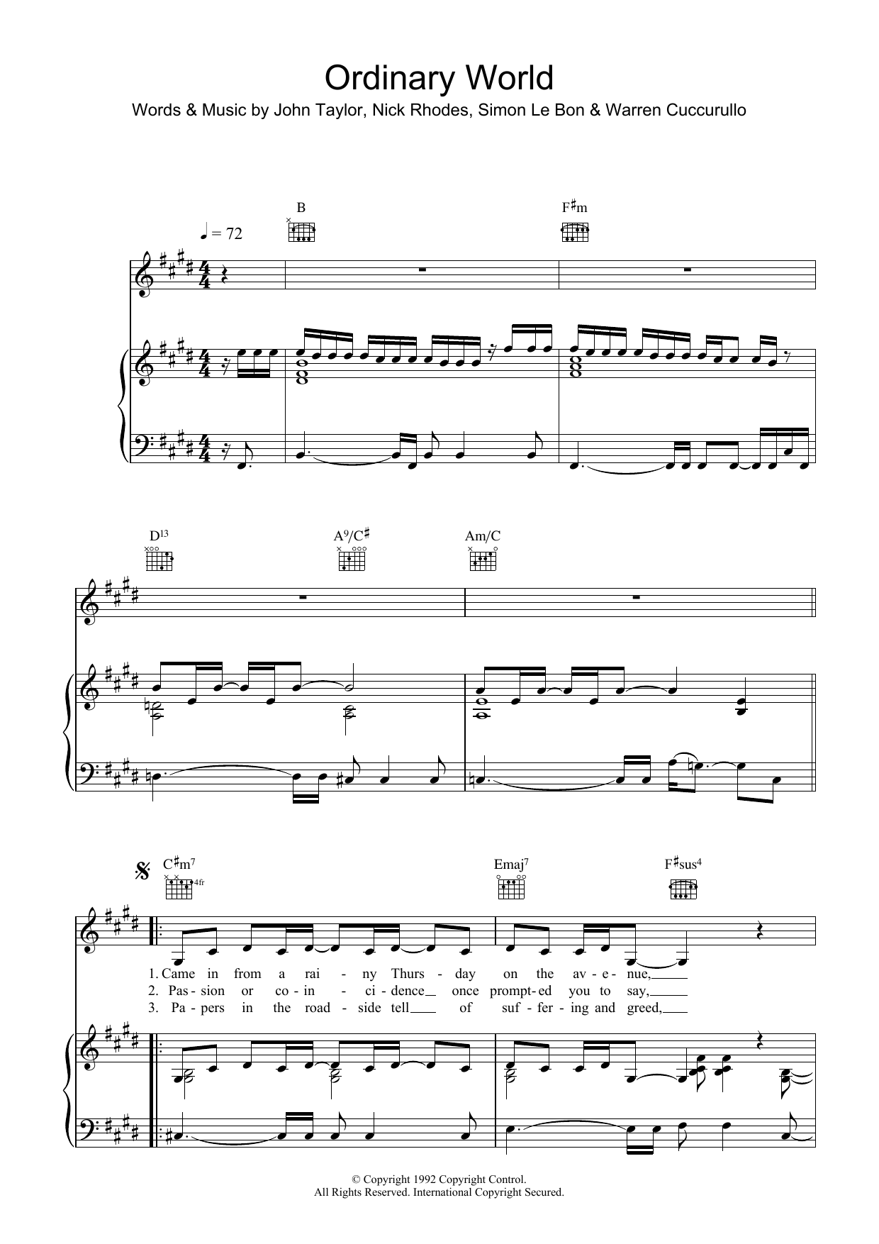 Duran Duran Ordinary World sheet music notes and chords. Download Printable PDF.